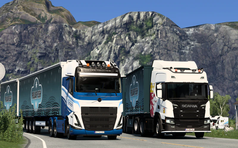 文件:在挪威山间小道合影的沃尔沃FH6和斯堪尼亚G (1).png